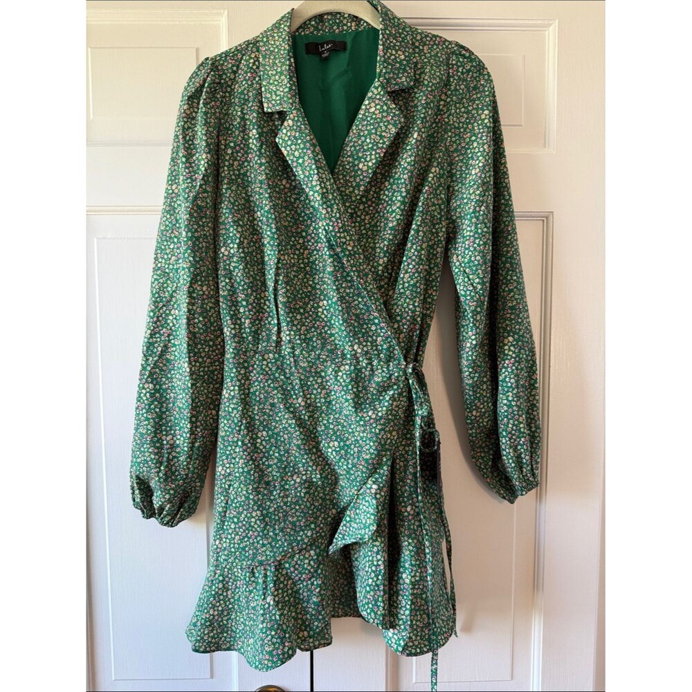 NWT LULUS GREEN DITSY FLORAL TRUE WRAP DRESS SIZE SMALL COLLAR PUFF SLEEVE